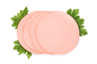 Photo of Slices of delicious boiled sausage with parsley on white background, top view