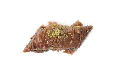 Photo of Piece of delicious baklava with pistachios isolated on white, top view