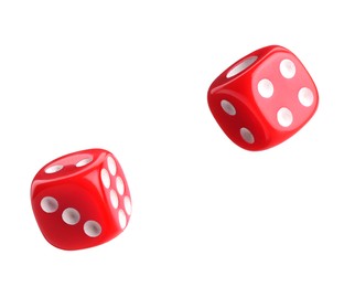 Image of Two red dice in air on white background