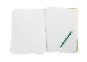 Yellow file with blank sheets of paper and green pen isolated on white, top view. Space for design