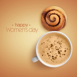 Image of 8 March - Happy International Women's Day. Card design with shape of number eight made of cinnamon roll and cappuccino on dark beige background, top view