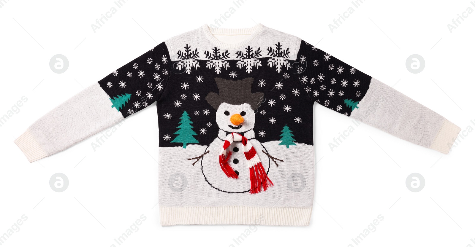 Photo of Christmas sweater with snowman isolated on white, top view