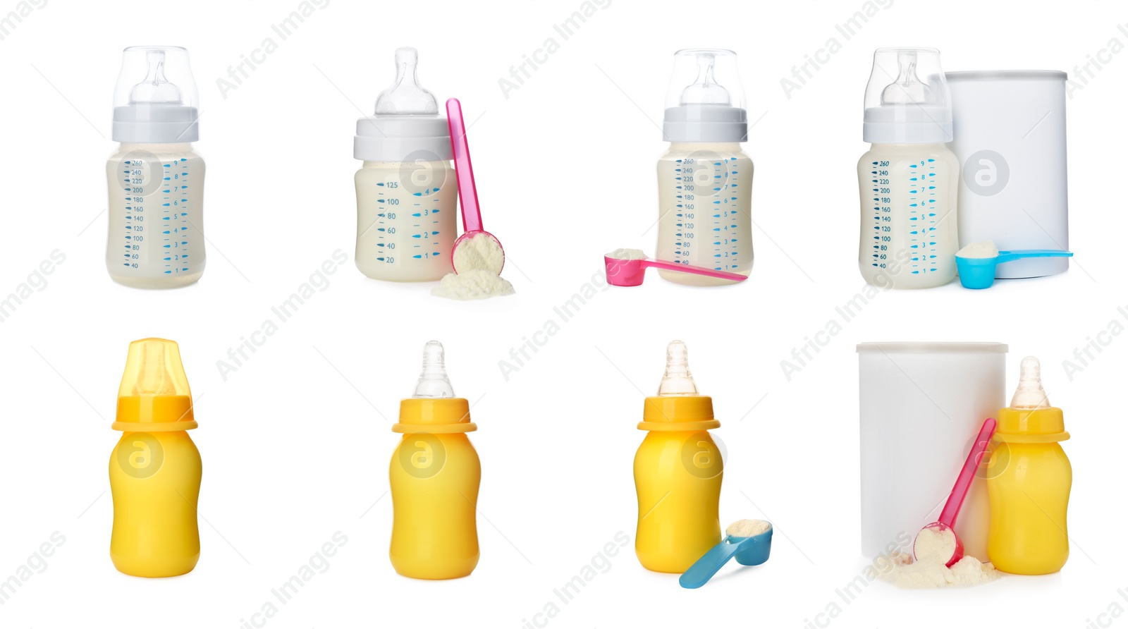 Image of Feeding bottles with infant formula on white background, collage. Baby milk