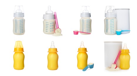 Image of Feeding bottles with infant formula on white background, collage. Baby milk