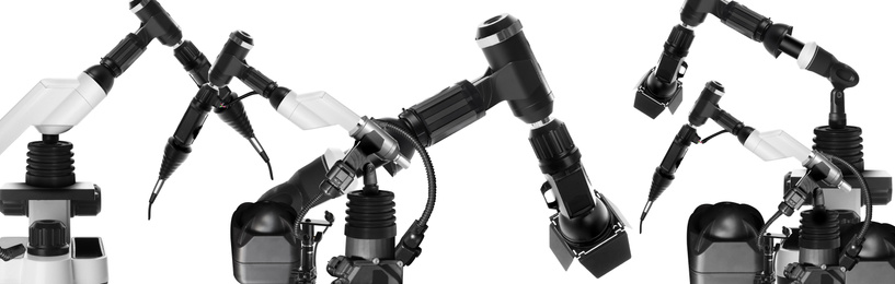 Image of Modern electronic laboratory robot manipulators on white background, banner design. Machine learning