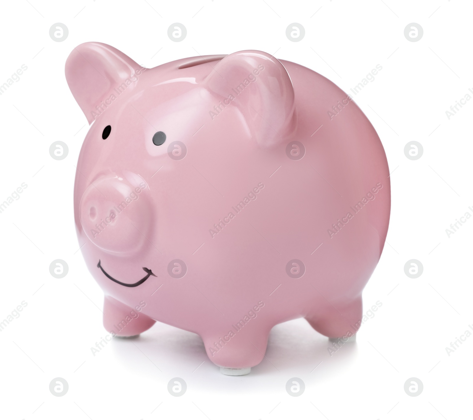 Photo of Pink piggy bank on white background. Money saving