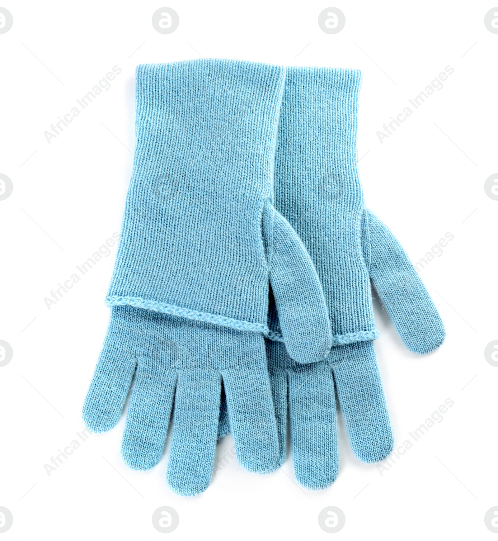 Photo of Stylish blue gloves on white background, top view. Autumn clothes