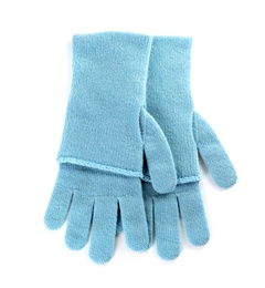 Photo of Stylish blue gloves on white background, top view. Autumn clothes