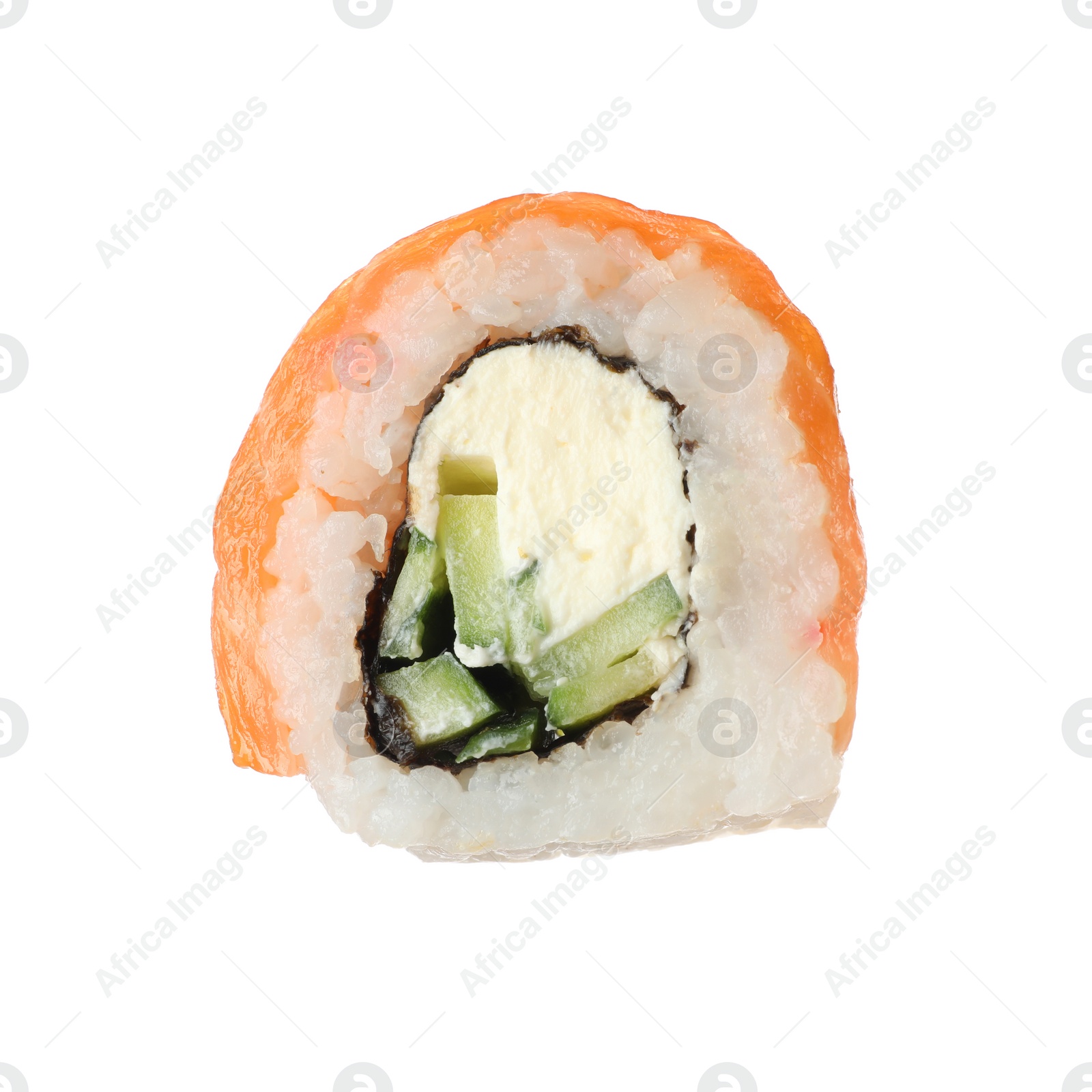 Photo of Delicious fresh sushi roll on white background