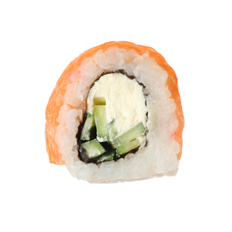 Photo of Delicious fresh sushi roll on white background