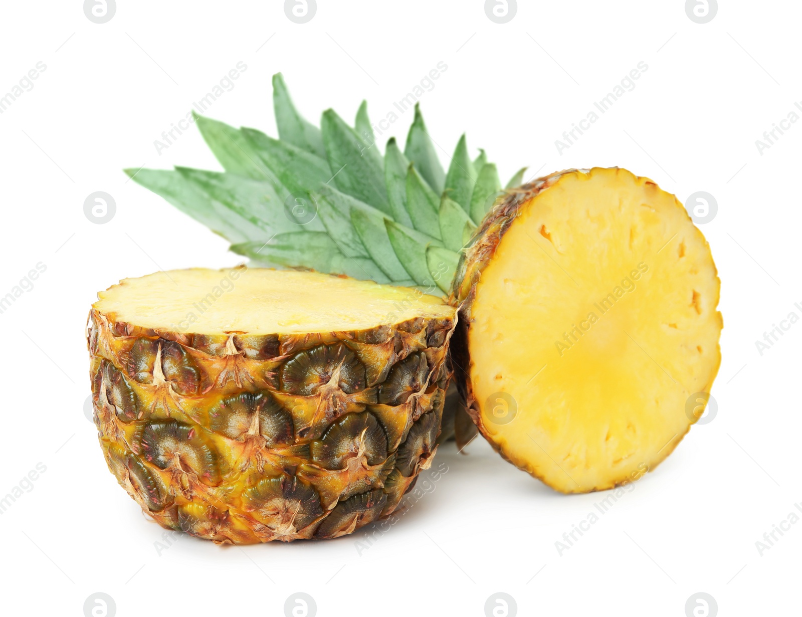 Photo of Cut fresh juicy pineapple on white background