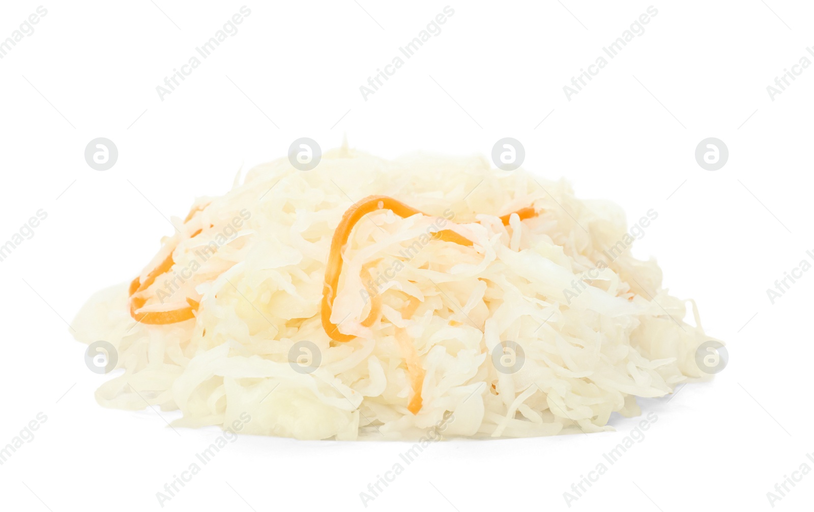 Photo of Tasty homemade fermented cabbage with carrot isolated on white