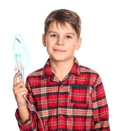 Boy holding nebulizer for inhalation on white background