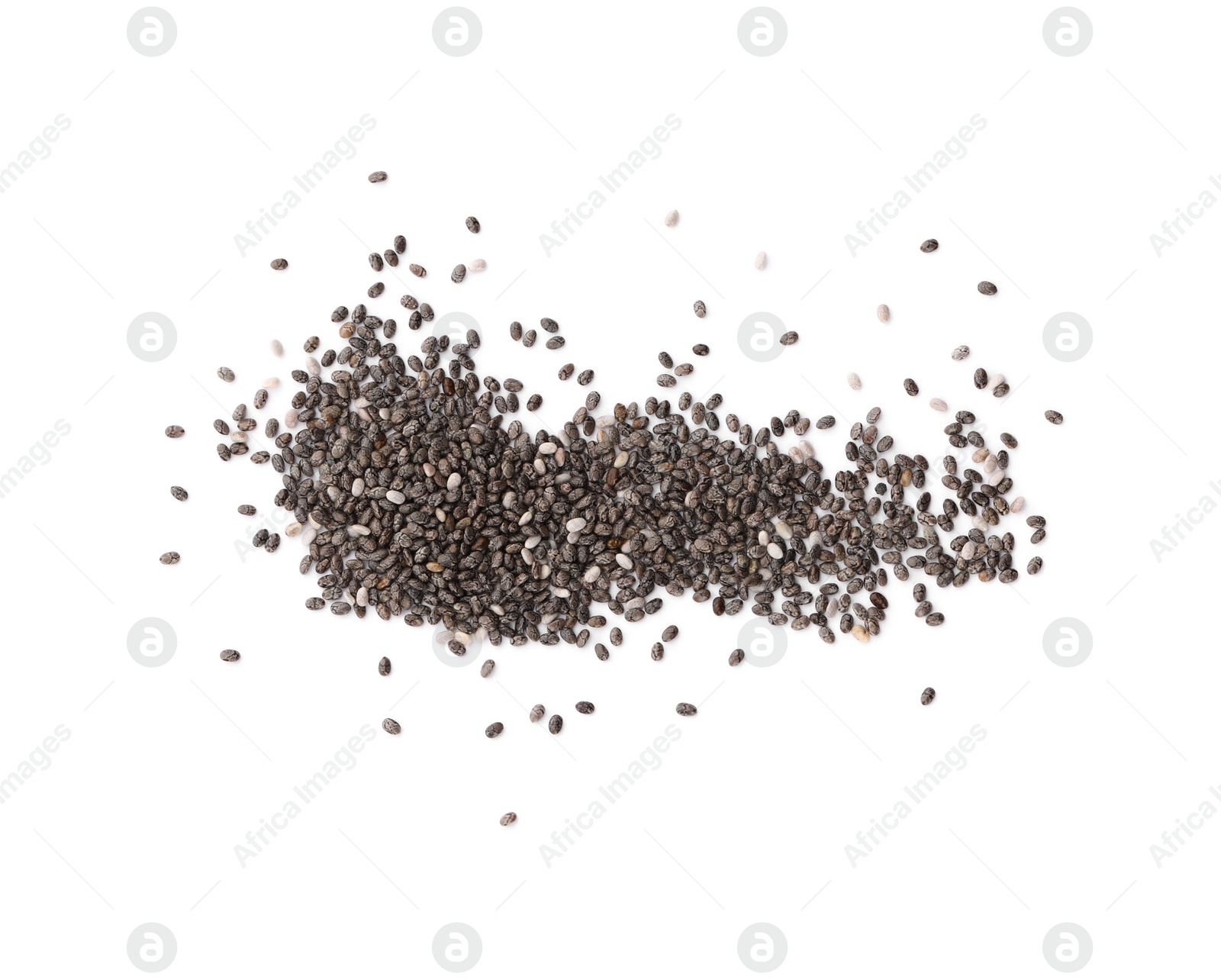 Photo of Pile of chia seeds on white background, top view