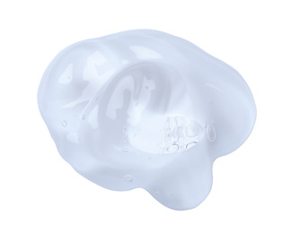 Photo of Sample of transparent cosmetic gel on white background, top view