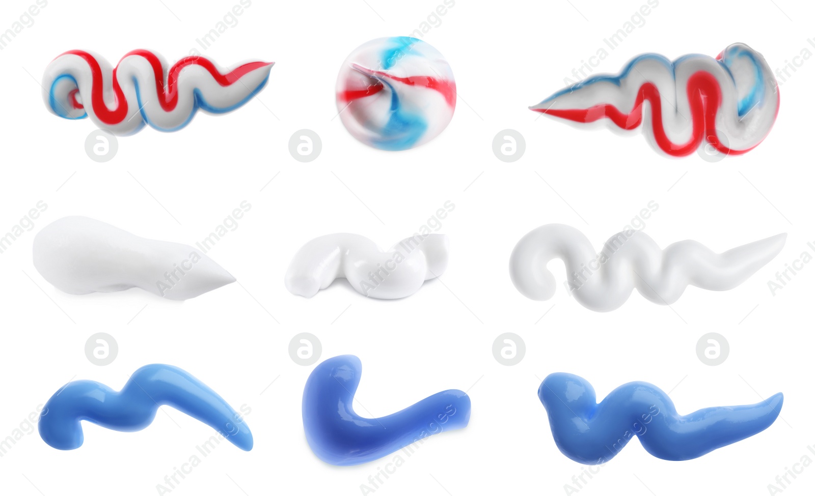 Image of Set with smears of toothpaste on white background