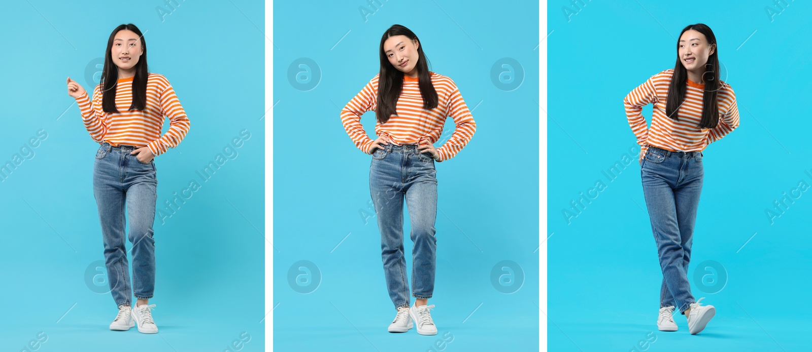 Image of Full length portrait of Asian woman on light blue background, set with photos