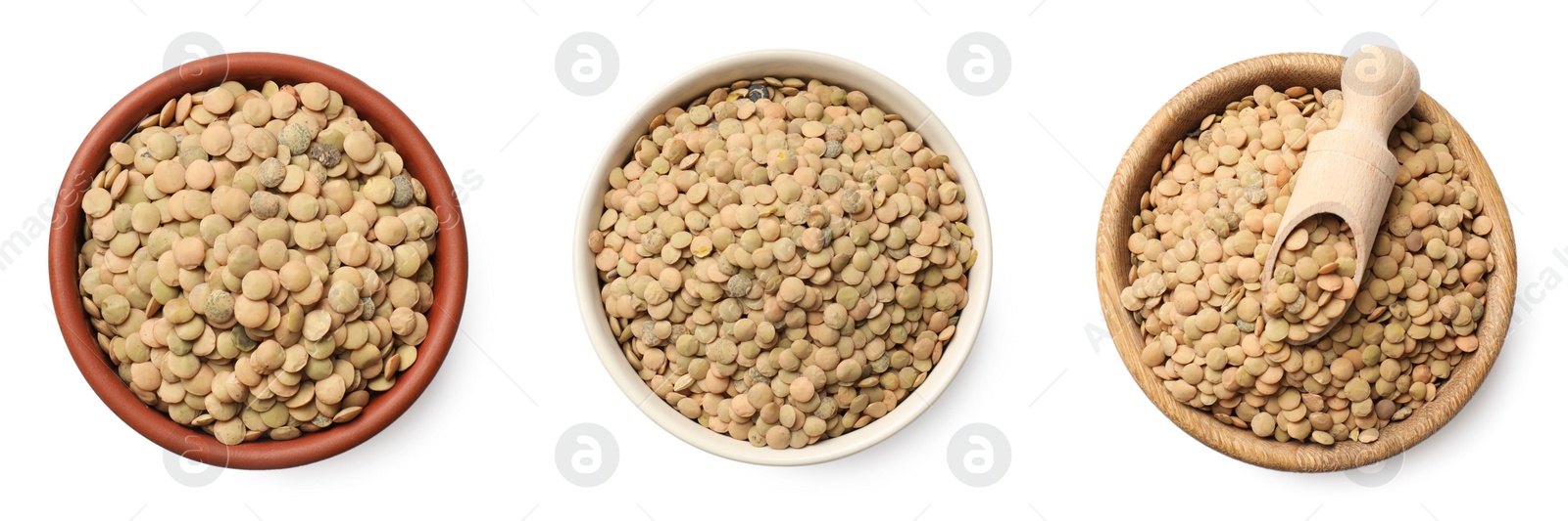 Image of Raw lentils in bowls on white background, top view