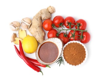 Photo of Different fresh ingredients for marinade on white background, top view