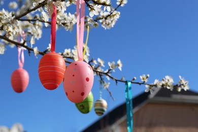 Beautifully painted Easter eggs hanging on blooming cherry tree outdoors