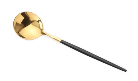 Photo of One shiny golden spoon with black handle isolated on white, top view