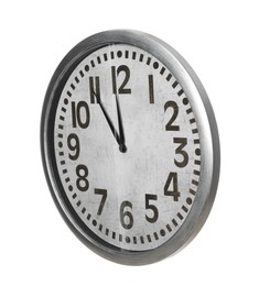 Clock showing five minutes until midnight on white background. New Year countdown