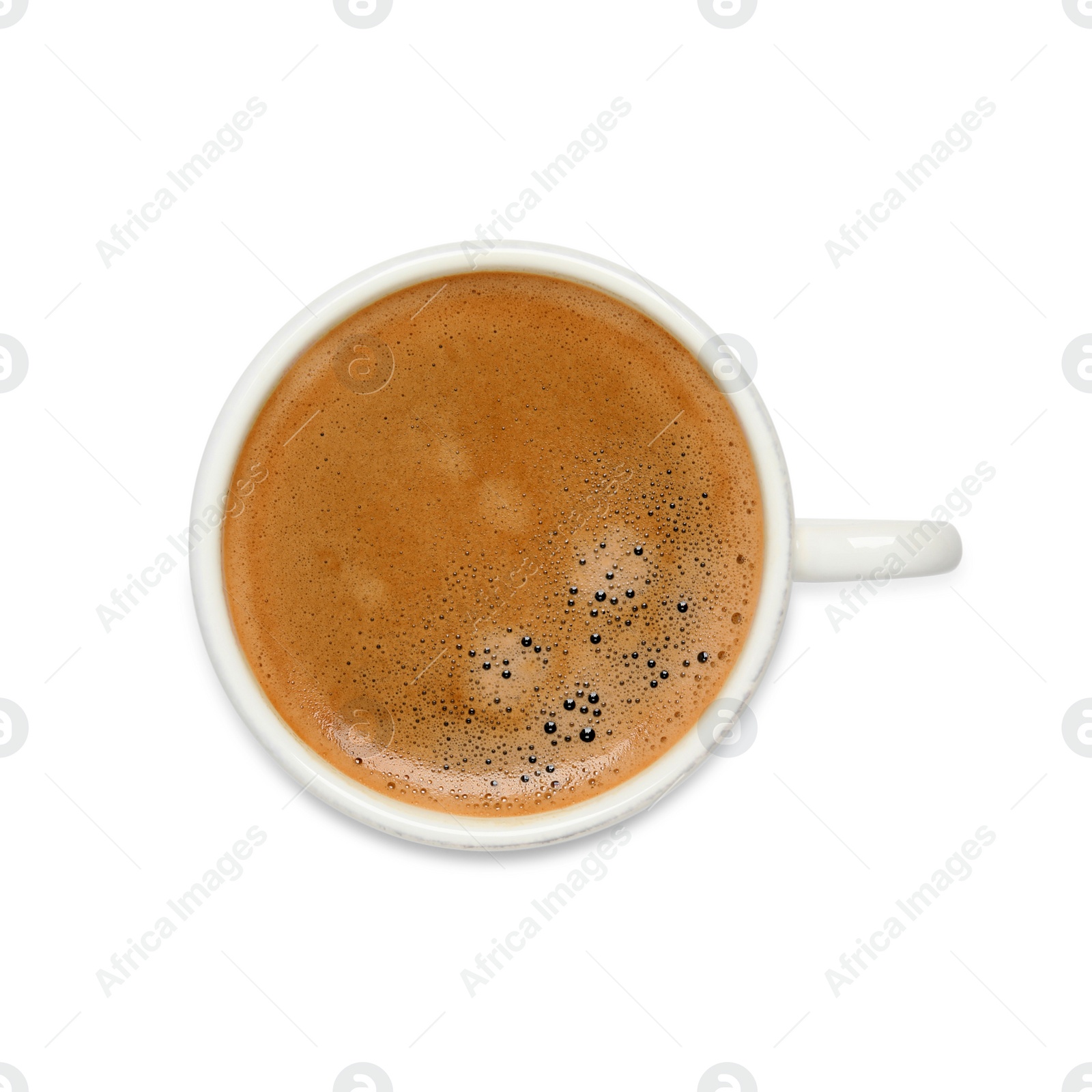 Photo of Cup of hot coffee isolated on white, top view