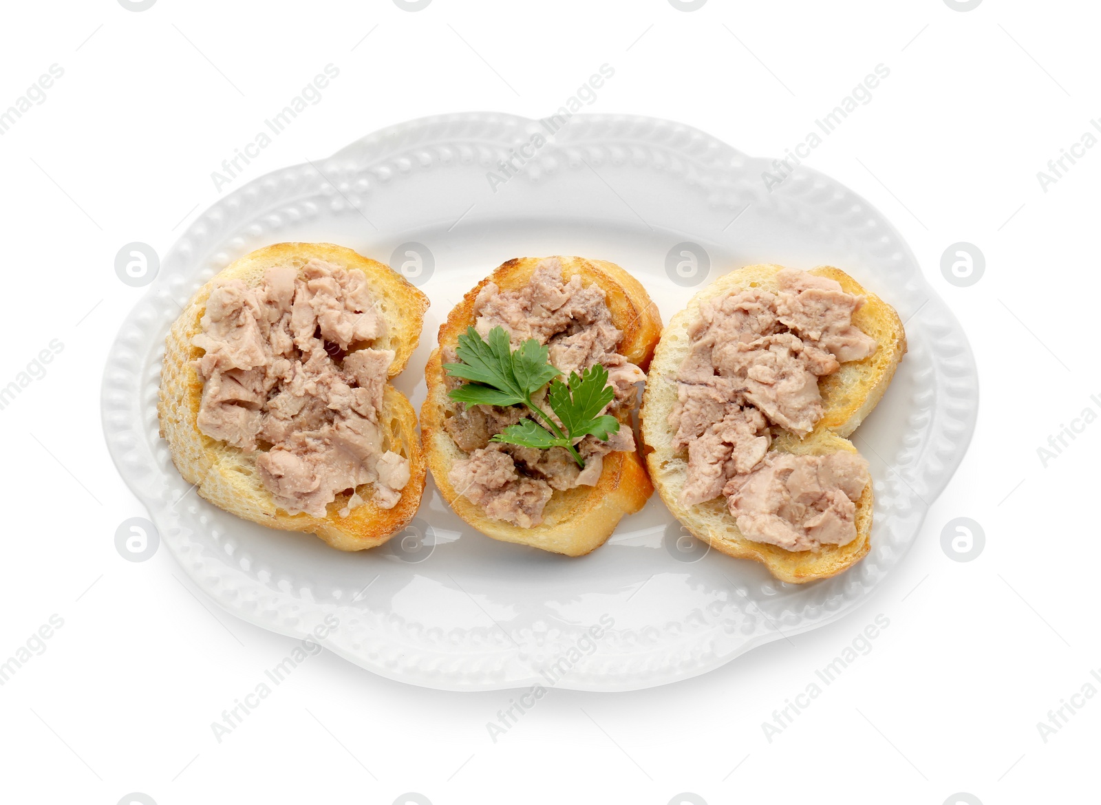 Photo of Tasty sandwiches with cod liver and parsley isolated on white, top view