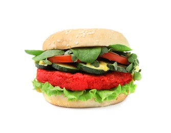 Photo of Tasty vegan burger with vegetables, patty and microgreens on white tiled table, closeup