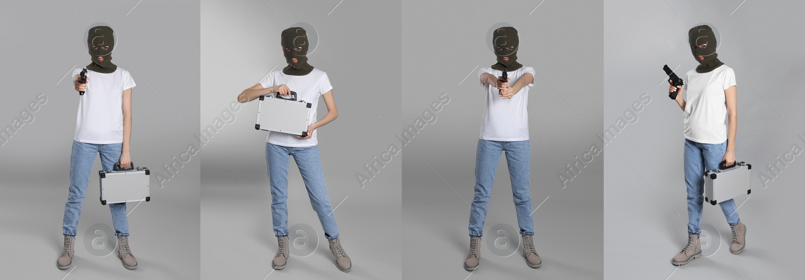 Image of Collage with photos of woman in balaclava on grey background