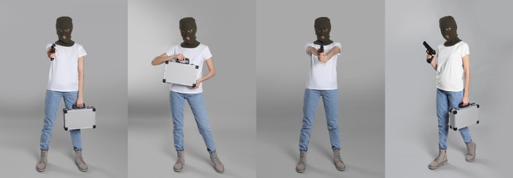 Collage with photos of woman in balaclava on grey background