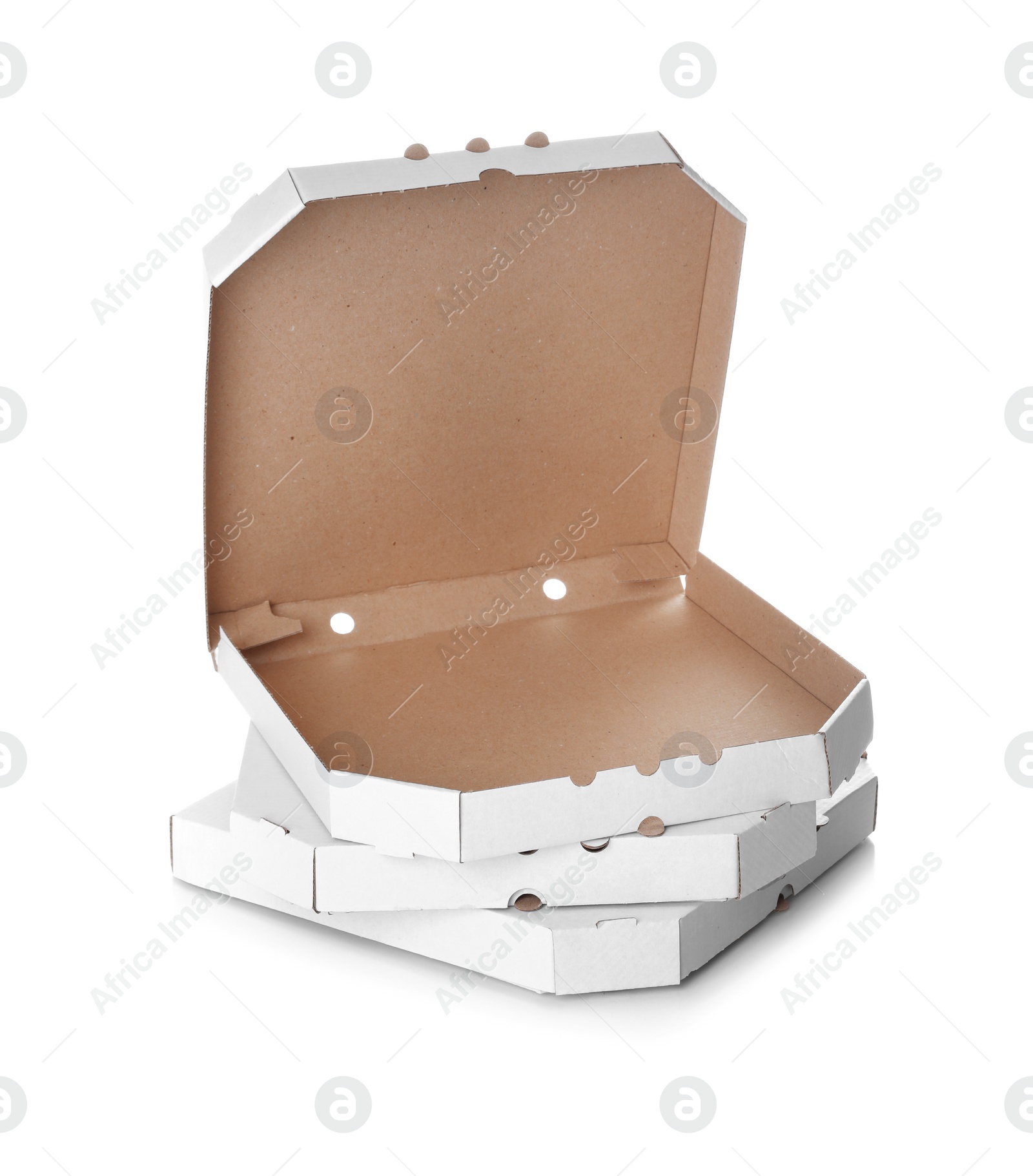 Photo of Stack of cardboard pizza boxes on white background