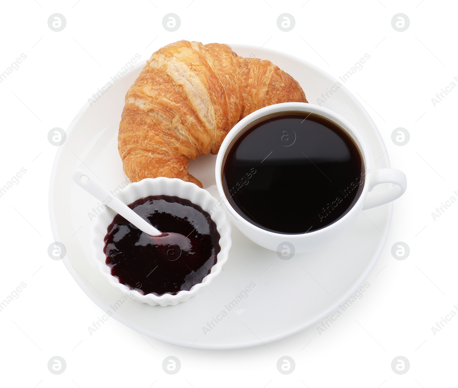 Photo of Fresh croissant, jam and coffee isolated on white, above view. Tasty breakfast