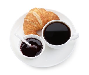 Photo of Fresh croissant, jam and coffee isolated on white, above view. Tasty breakfast