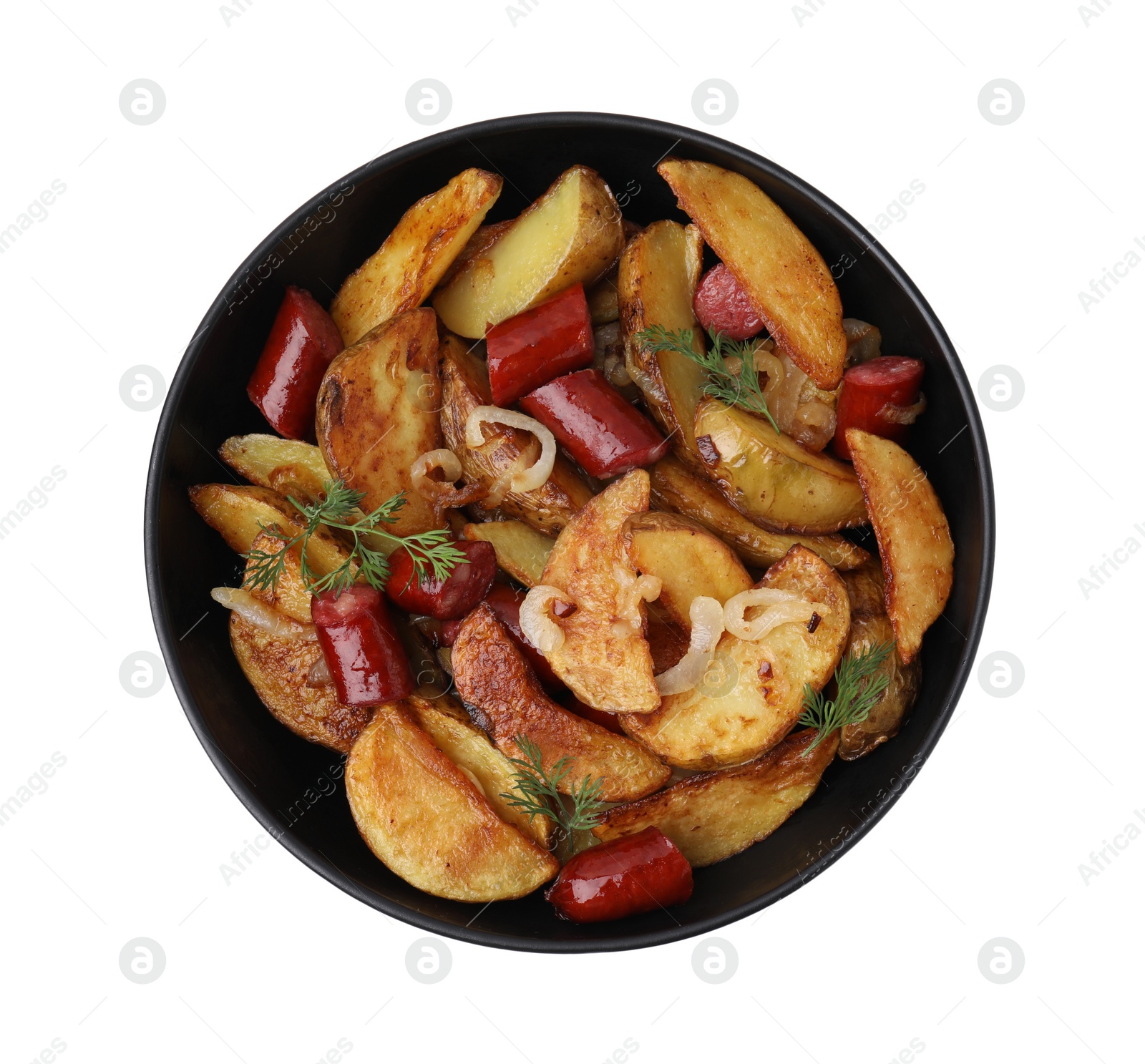 Photo of Delicious baked potato with thin dry smoked sausages, onion and dill in bowl isolated on white, top view