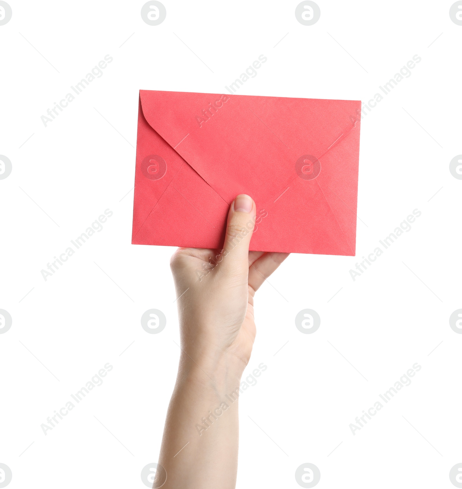 Photo of Woman holding red paper envelope on white background, closeup