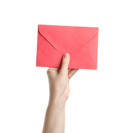 Woman holding red paper envelope on white background, closeup