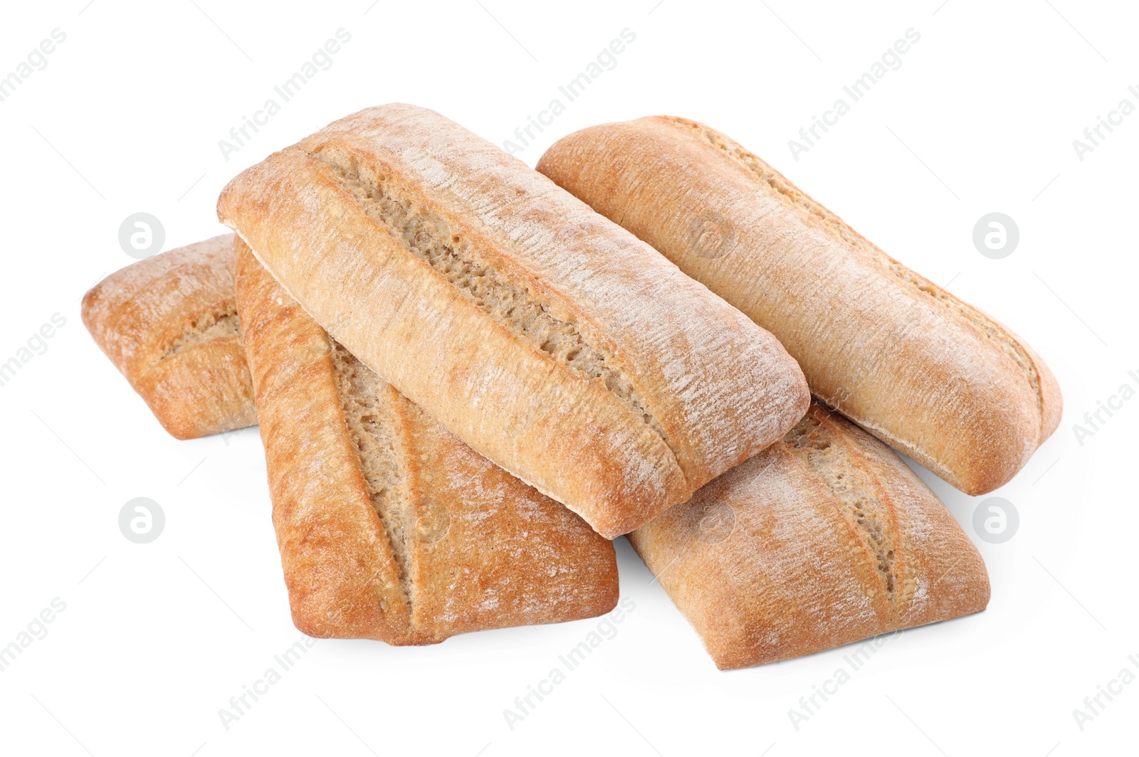 Photo of Crispy ciabattas on white background. Fresh bread