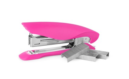 Photo of Bright pink stapler with staples isolated on white