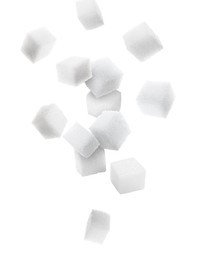 Image of Refined sugar cubes in air on white background