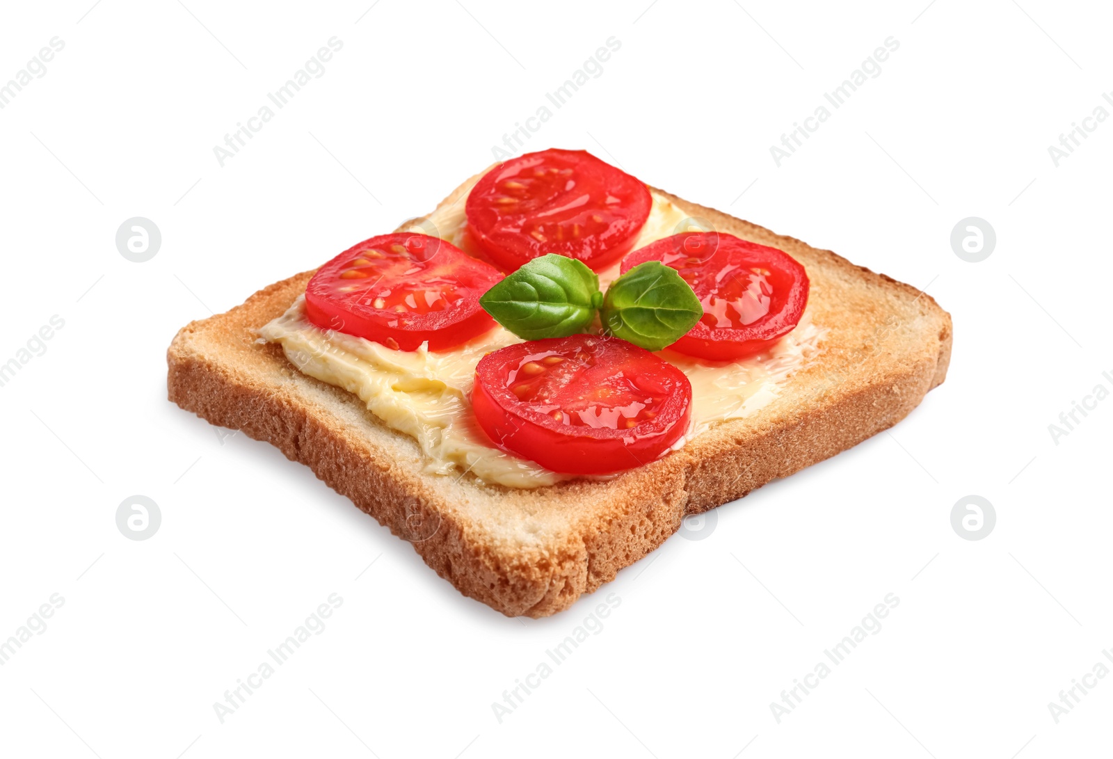 Photo of Delicious toast with butter, tomatoes and basil isolated on white