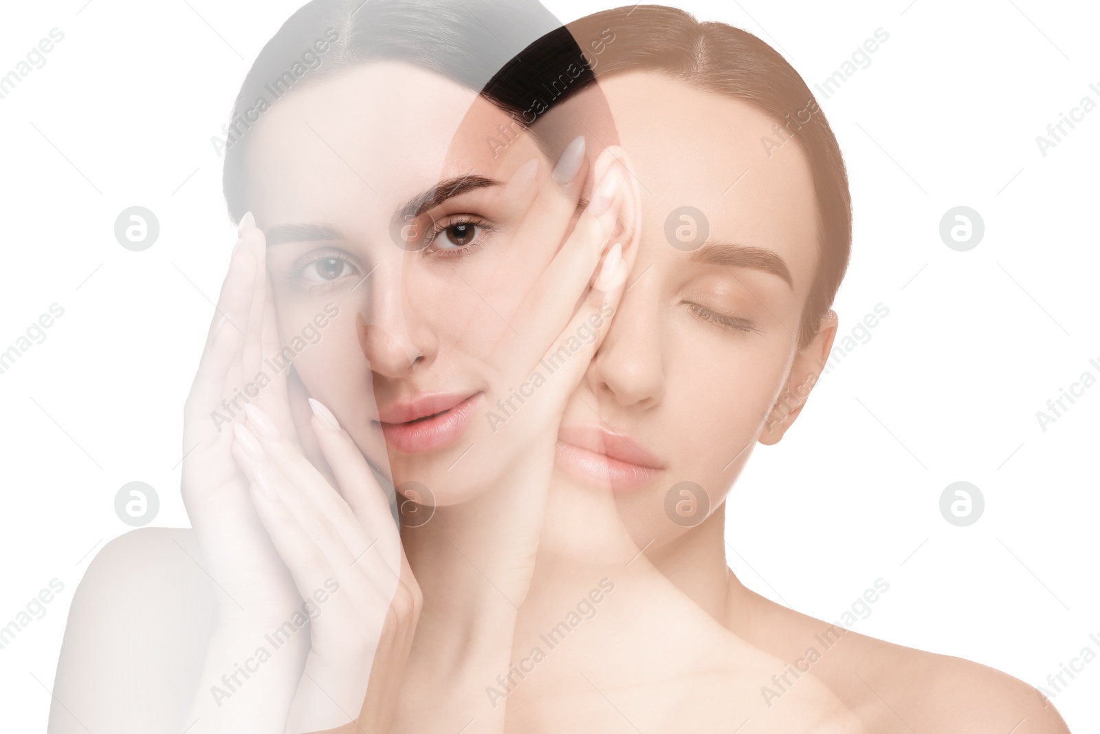 Image of Double exposure of beautiful young woman on white background