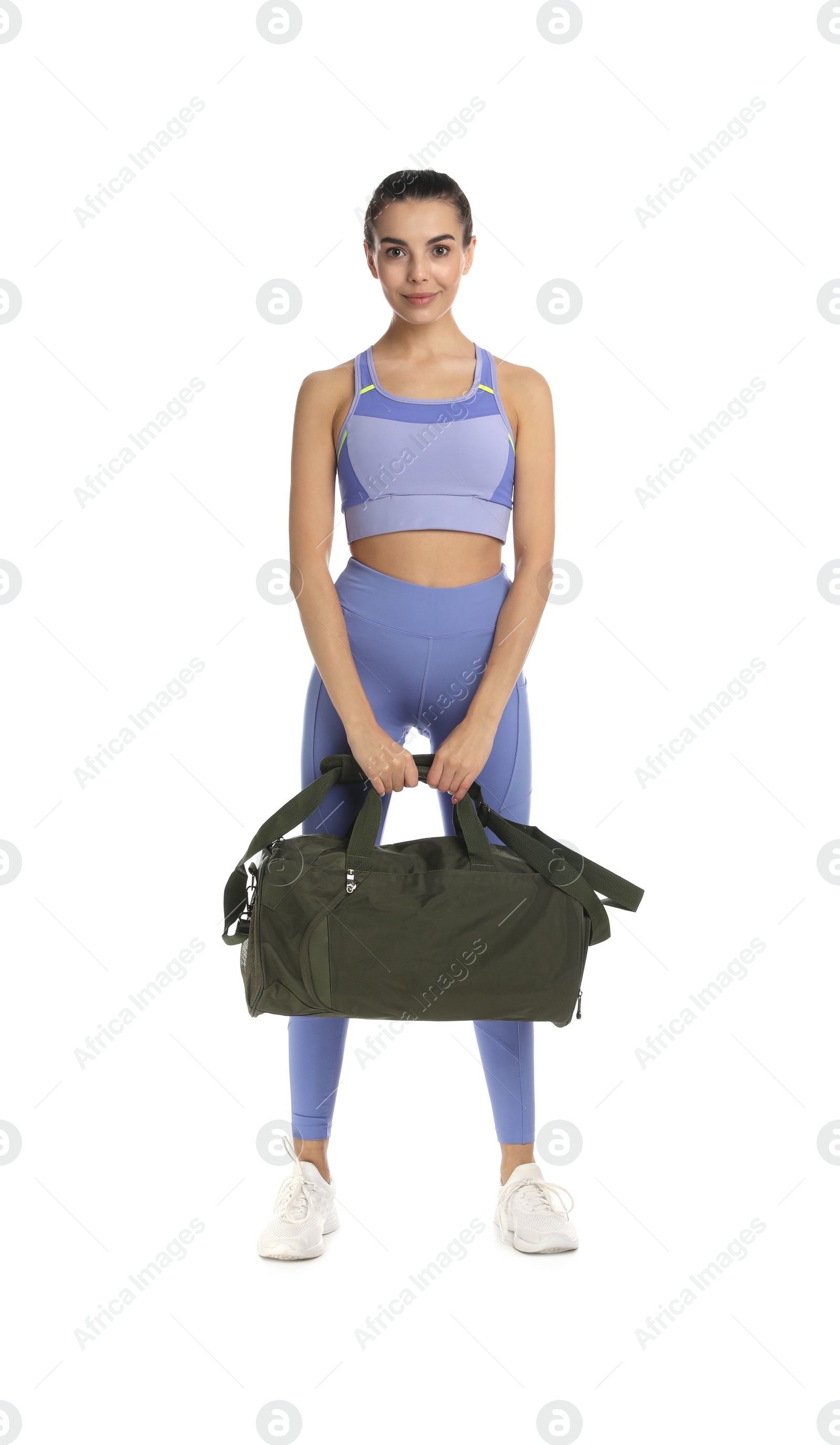 Photo of Beautiful woman with sports bag on white background