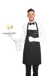 Handsome waiter holding tray with glasses of wine on white background