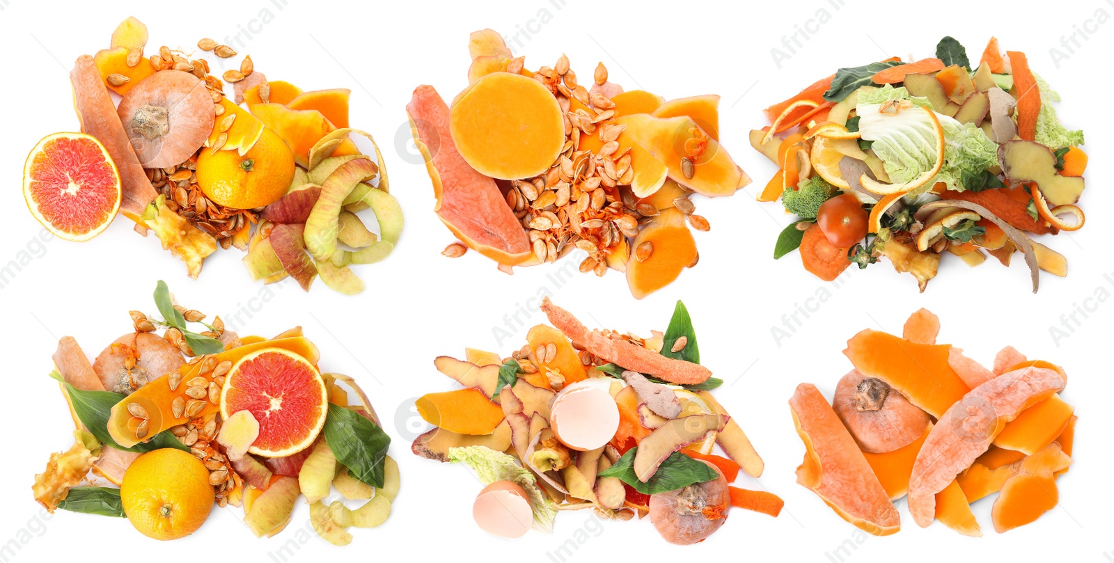Image of Set with organic waste for composting on white background, top view. Banner design
