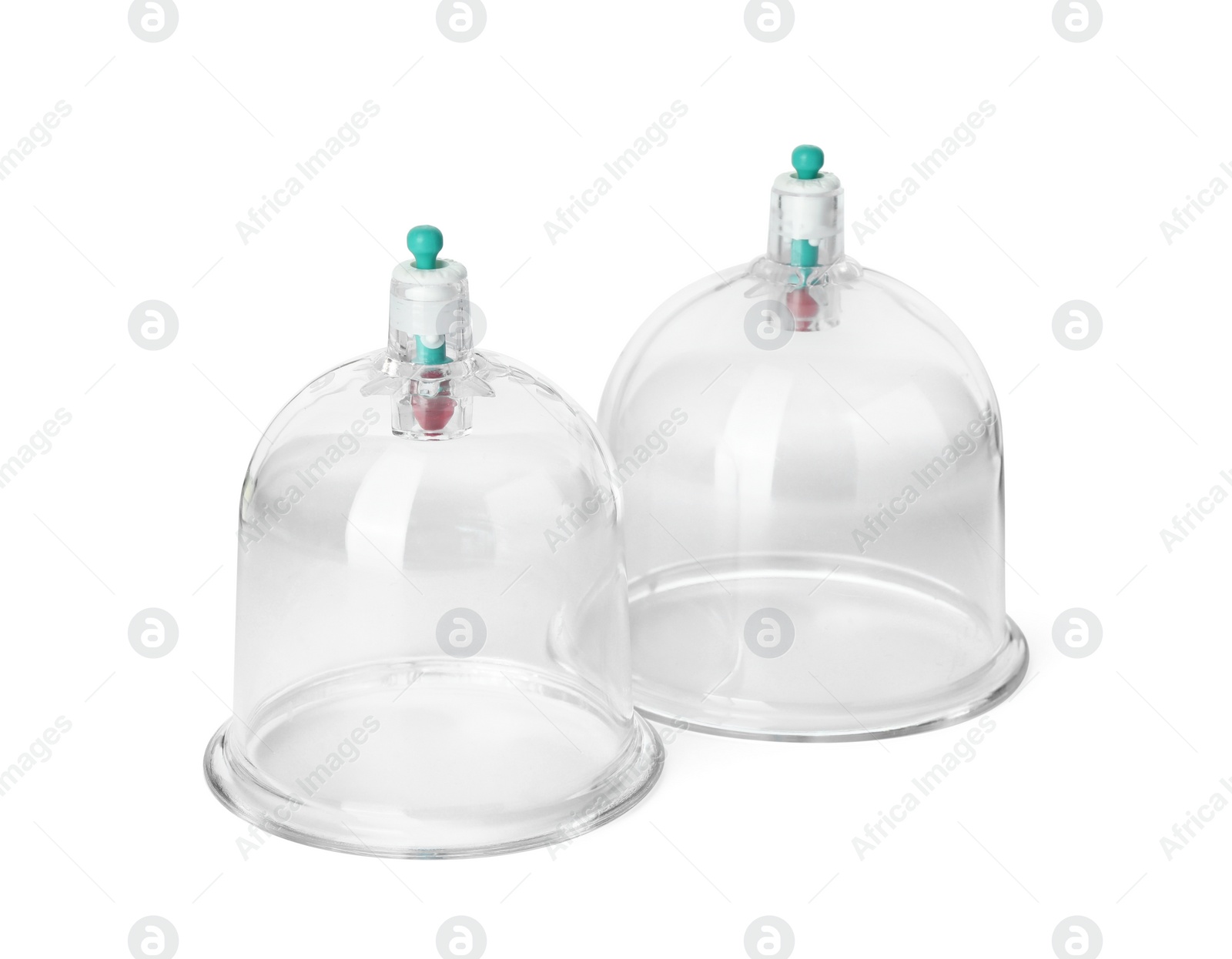 Photo of Plastic cups isolated on white. Cupping therapy