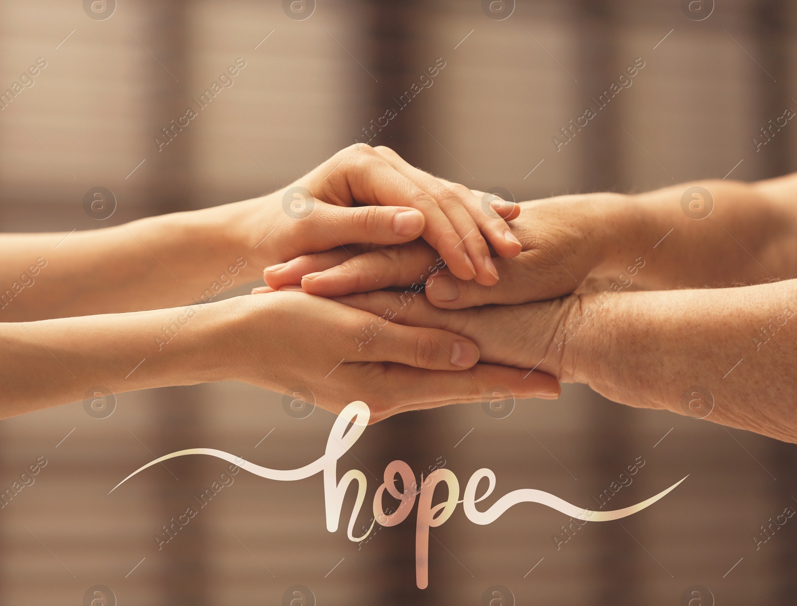 Image of Concept of hope. Caregiver with elderly woman on blurred background, closeup