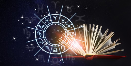 Image of Old books, illustration of zodiac wheel with astrological signs and starry sky at night. Banner design