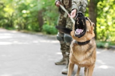 Photo of Man in military uniform with German shepherd dog outdoors