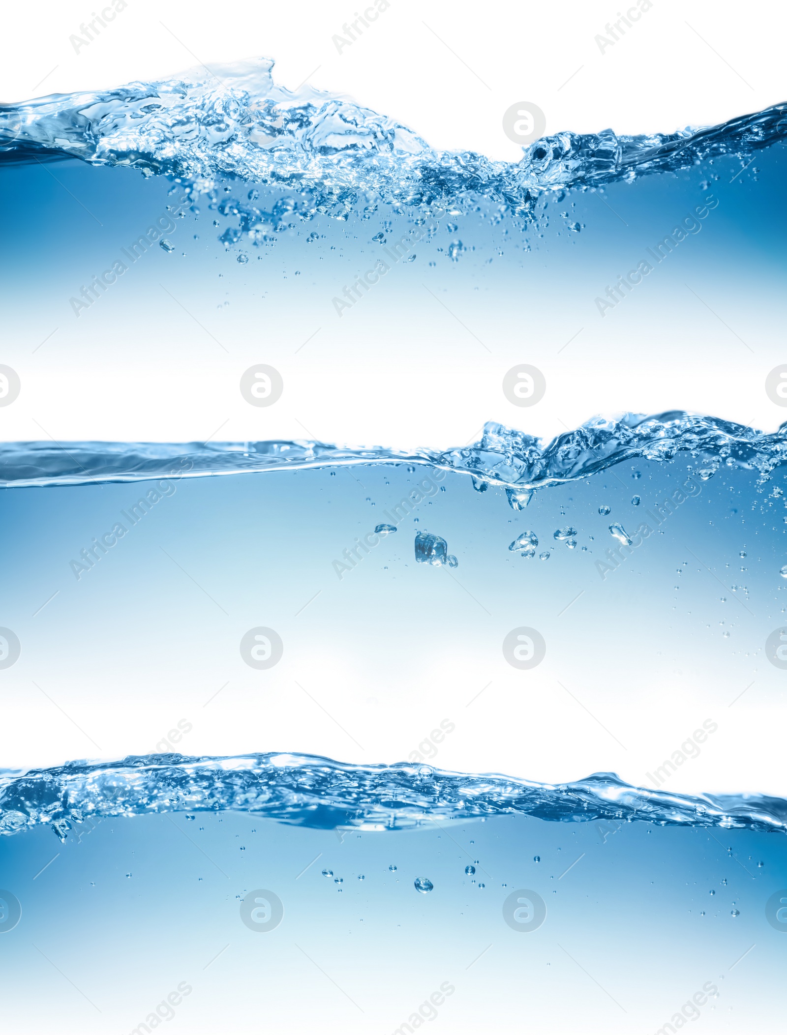 Image of Collage with different beautiful water waves on white background